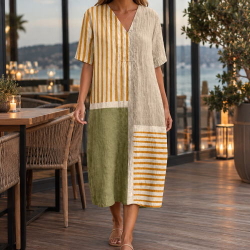 Annabel-Sage Breeze Dress - Olive Mustard Patchwork