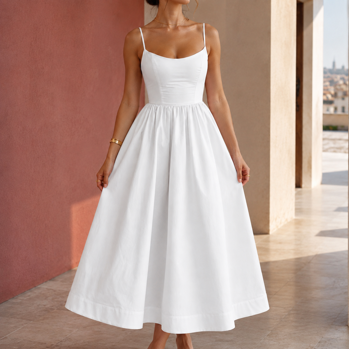 Eva Gathered Midi Dress - White