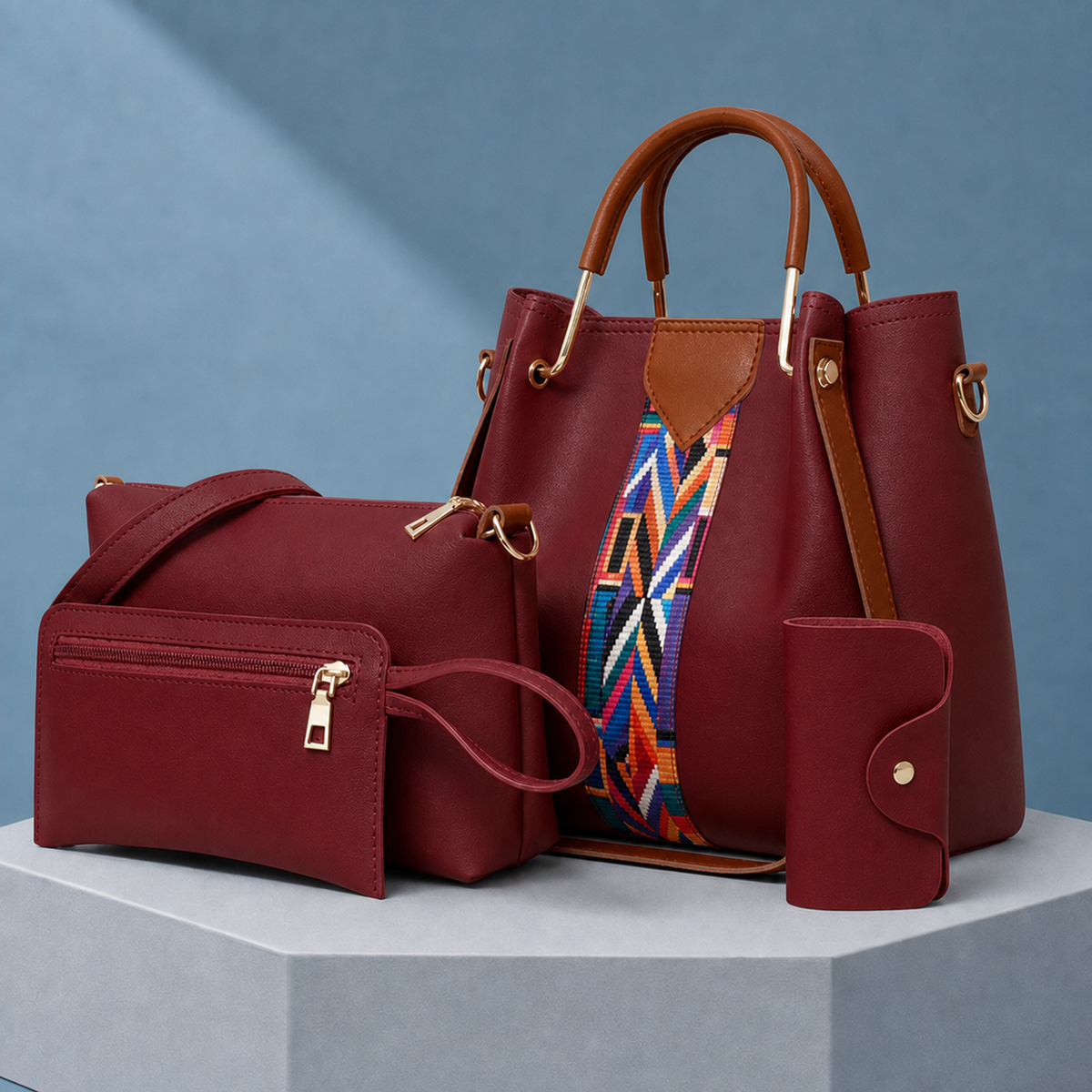 Rimini Geometric Handbag Set - Wine Red