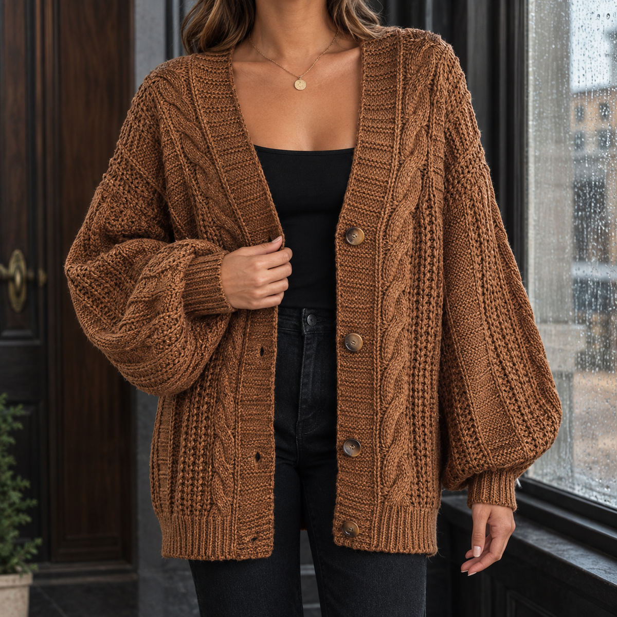 Ascelin Cable Knit Cardigan - Dark Brown