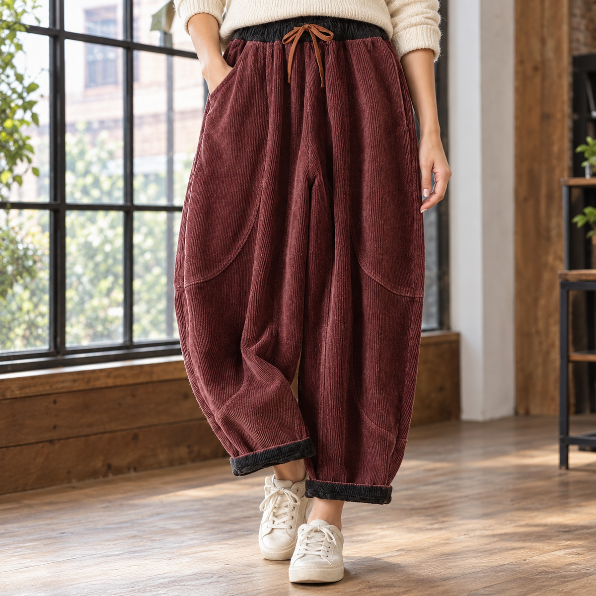 Marlene-June Corduroy Harem Pants - Burgundy