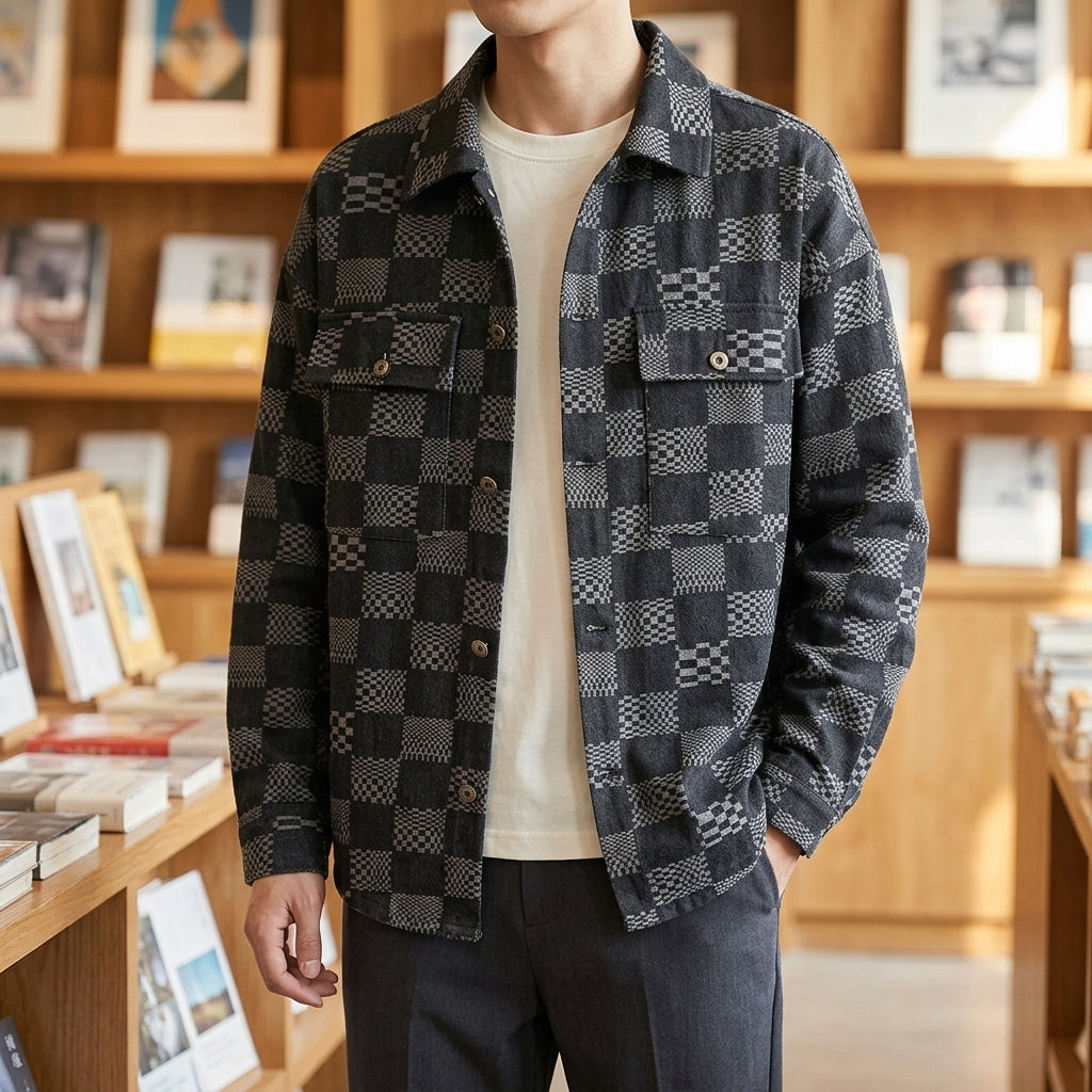 Hadrian Checkered Denim Jacket - Black