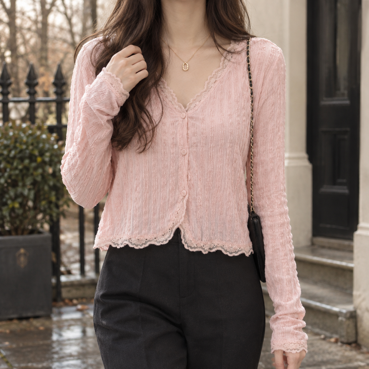 Ameline-Lane V-Neck Cardigan - Pink