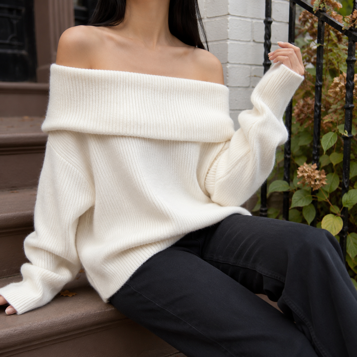 Annabeth Bardot Knit Sweater - White