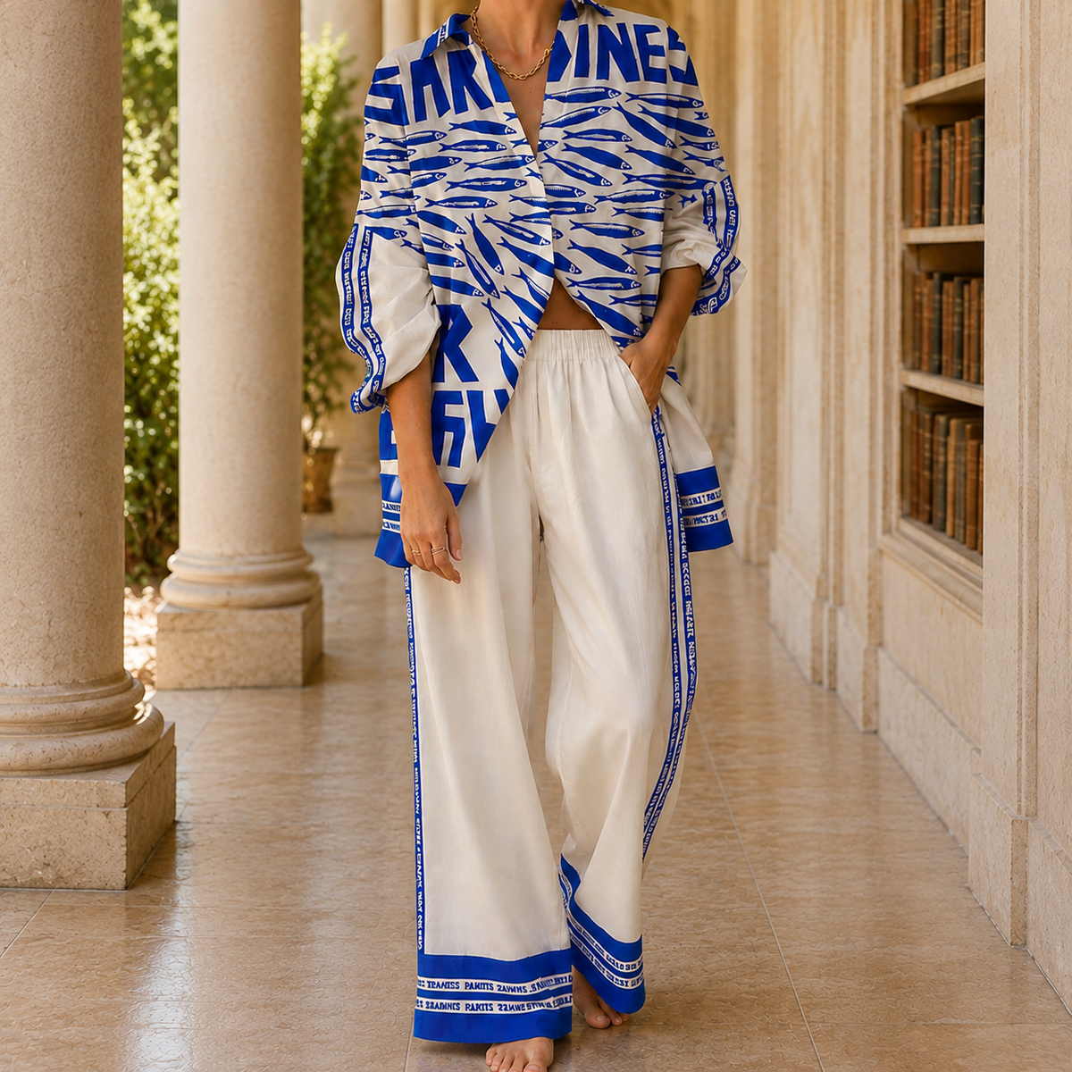 Elowen Linen Set - Ivory And Cobalt Blue