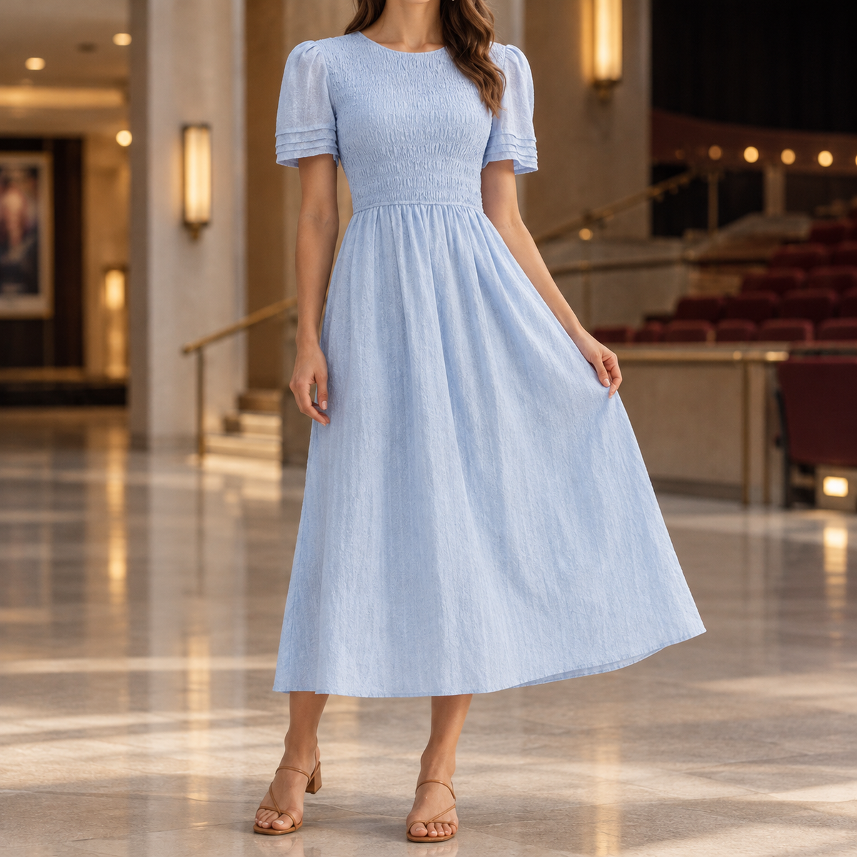 Valentina-Faye Smocked Midi Dress - Blue