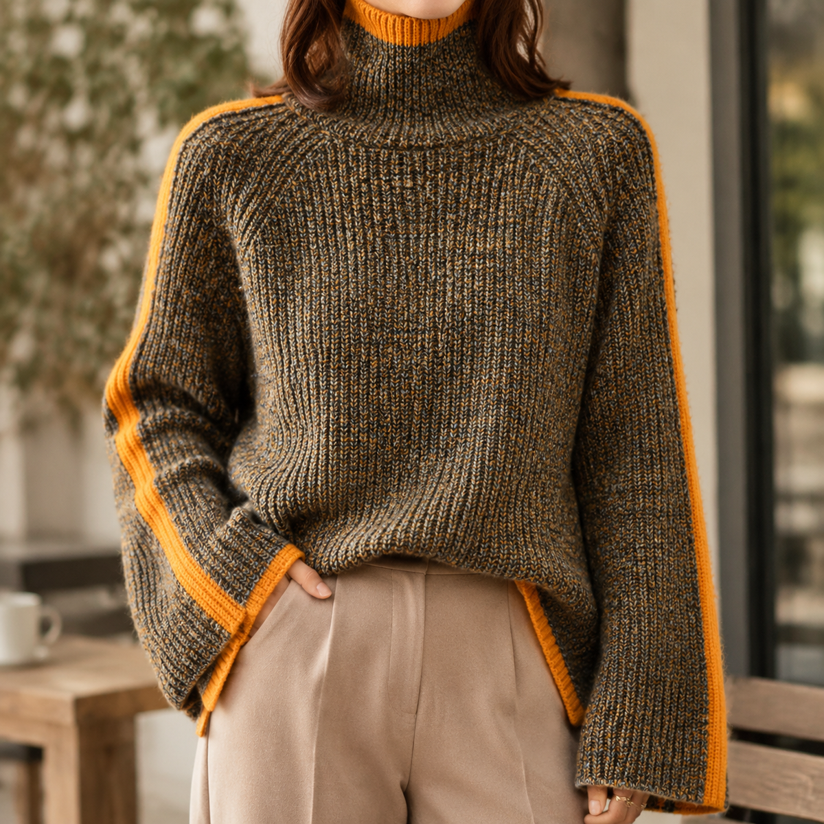 Audrey Contrast Knit Sweater - Brown