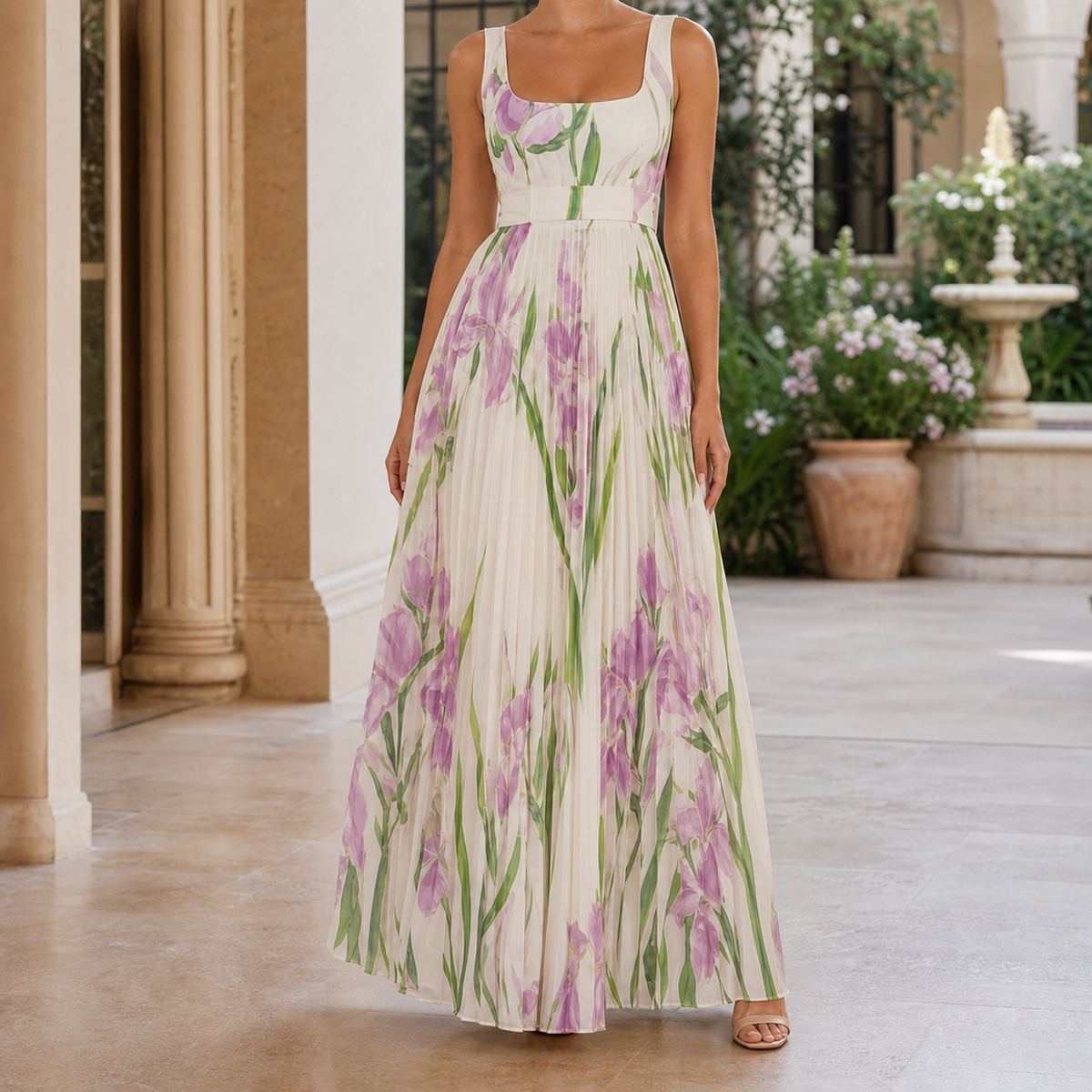 Orla-Grace Pleated Maxi Dress - White Purple