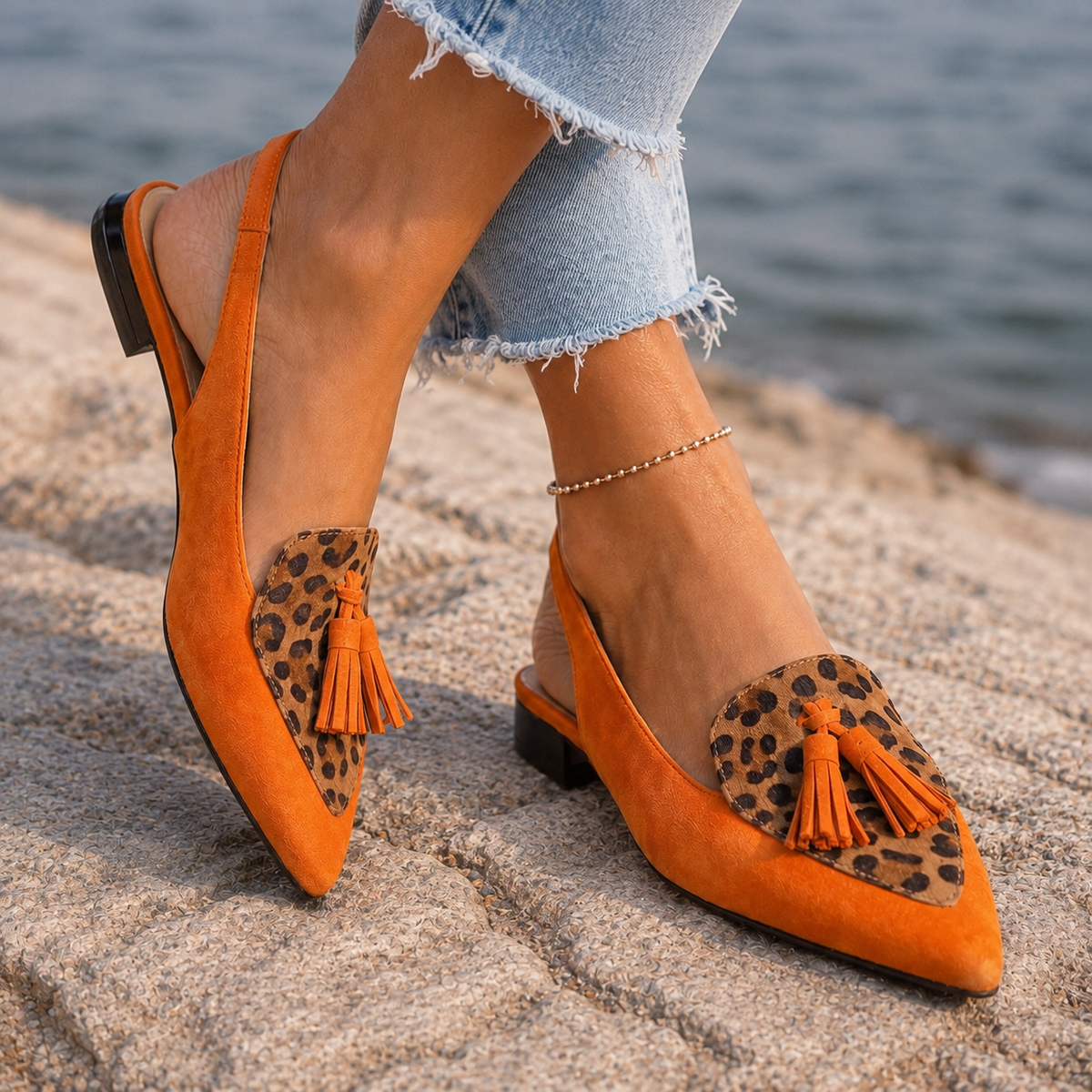 Lucchesi Tassel Slingbacks - Orange And Leopard