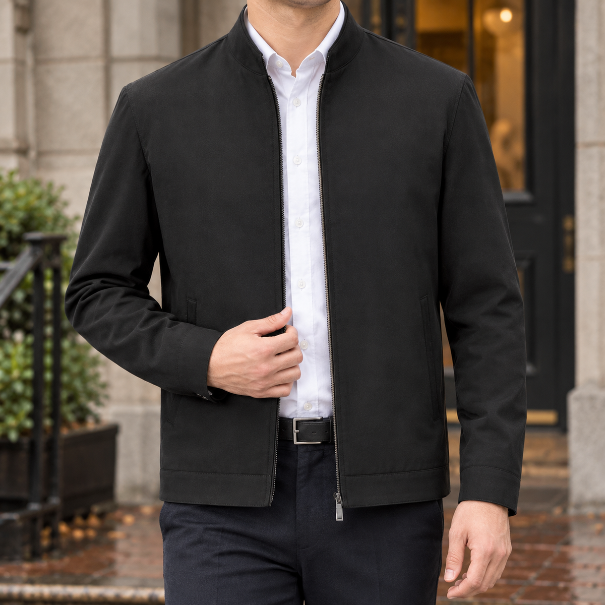 Halvard Silk Jacket - Black Stand Collar