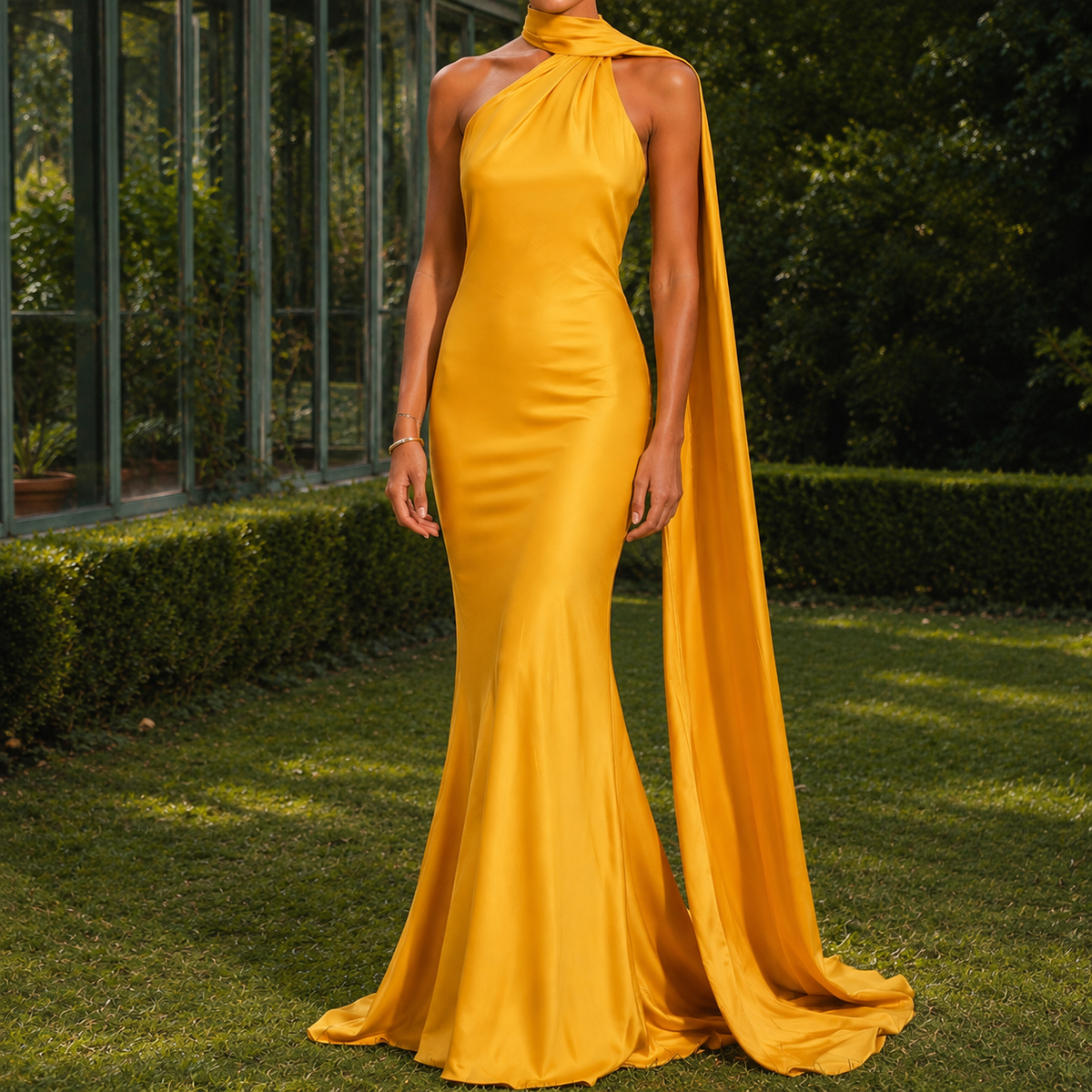 Isabeau Cape Halter Dress - Yellow
