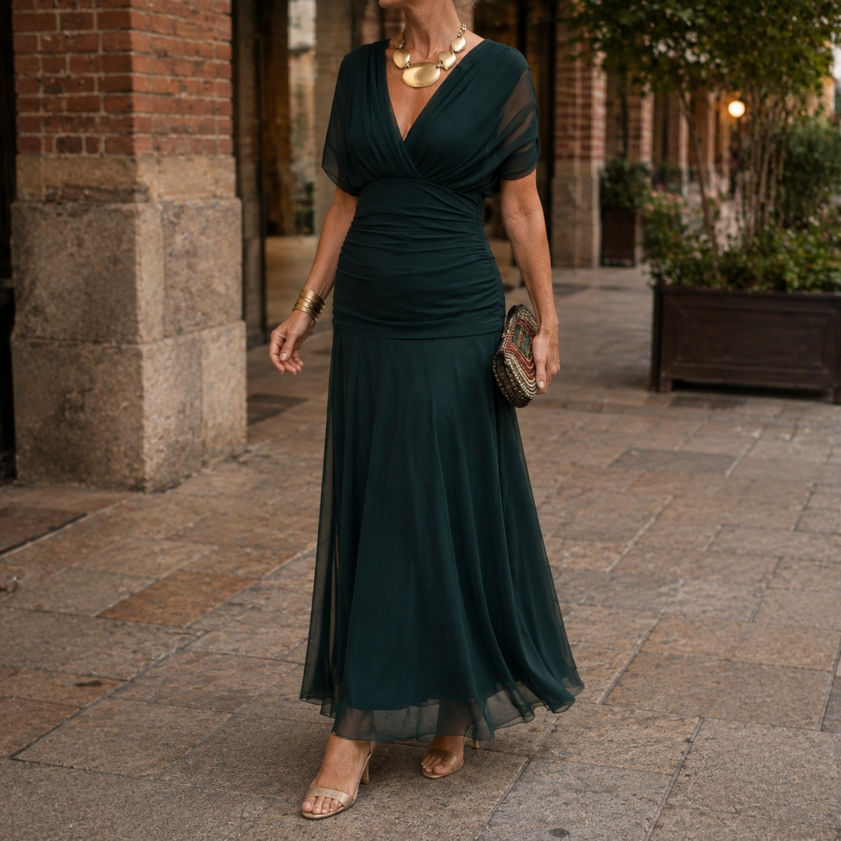 Clara Ruched Maxi Dress - Dark Green