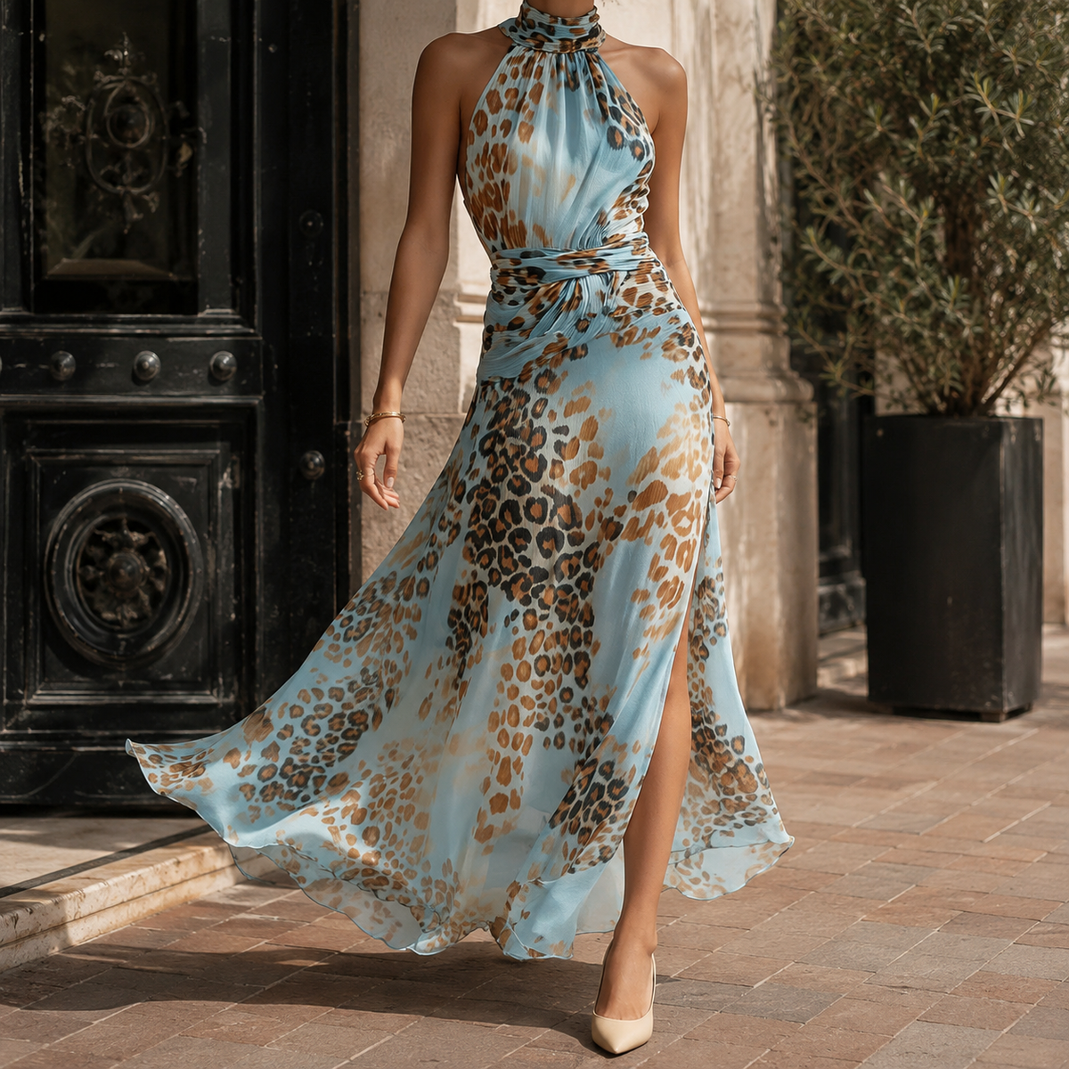 Esme Leopard Maxi Dress - Light Blue Leopard