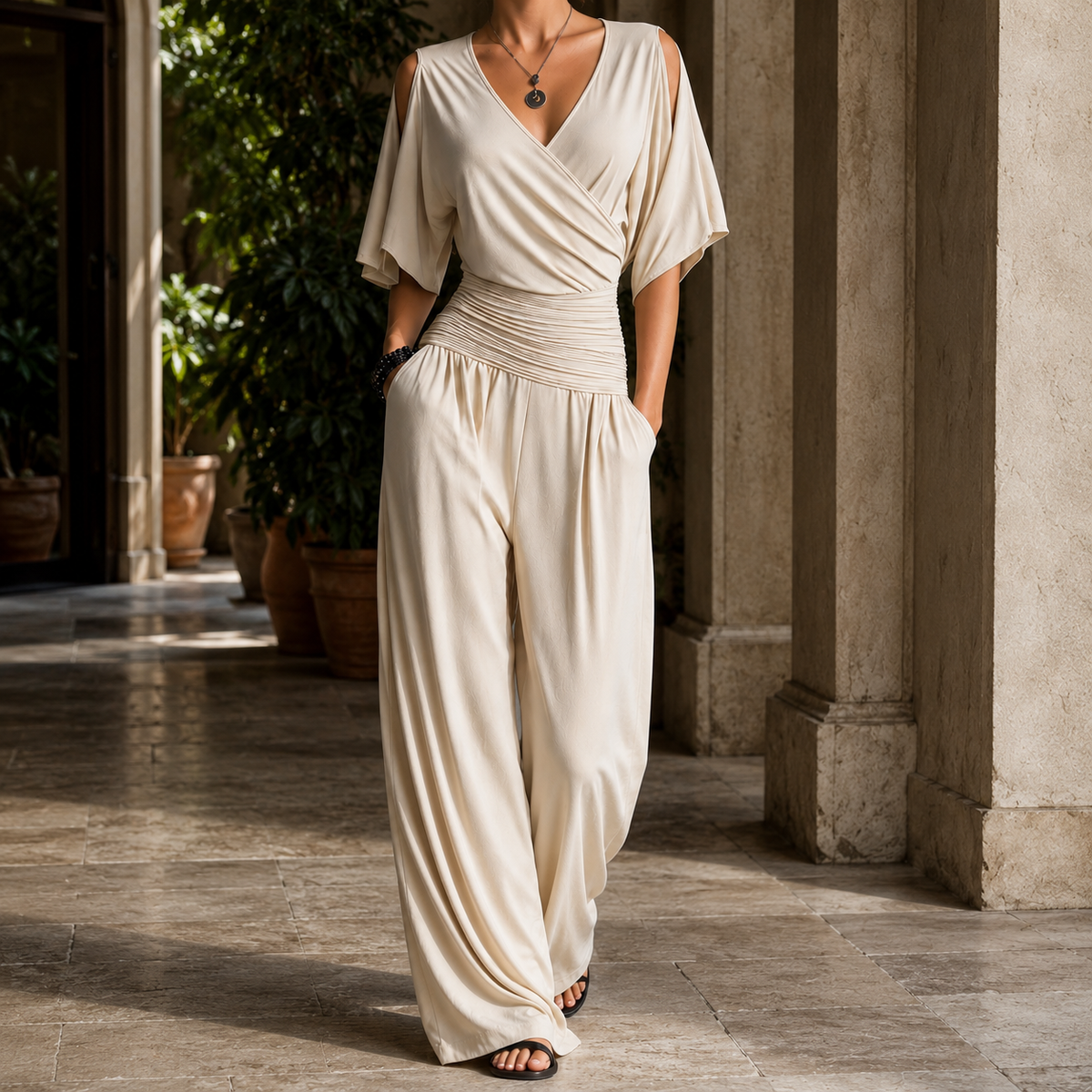 Verity-Grace Wrap Jumpsuit - Beige