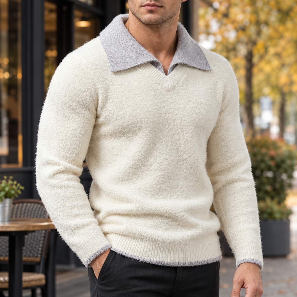 James Contrast Collar Sweater - Off White