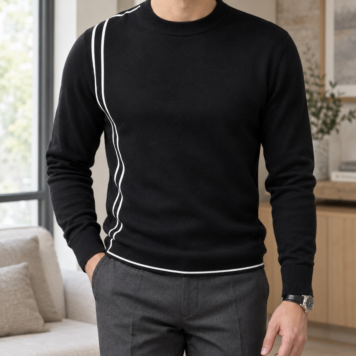 Logan Contrast Stripe Sweater - Black