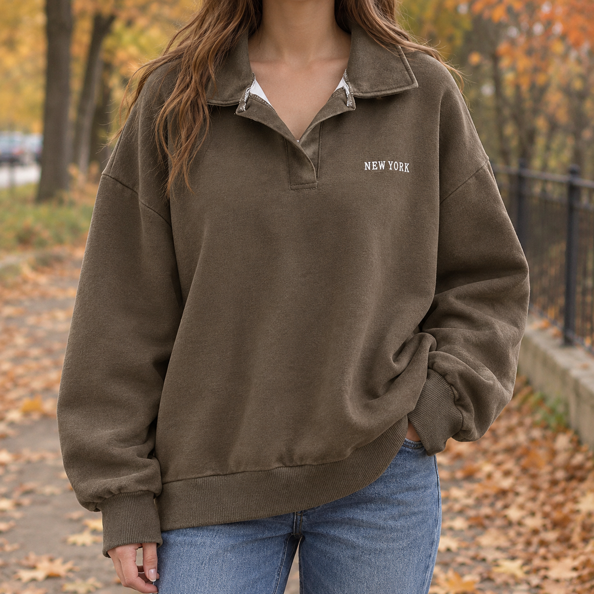 Capucine-Lane Half Zip Sweatshirt - Coffee
