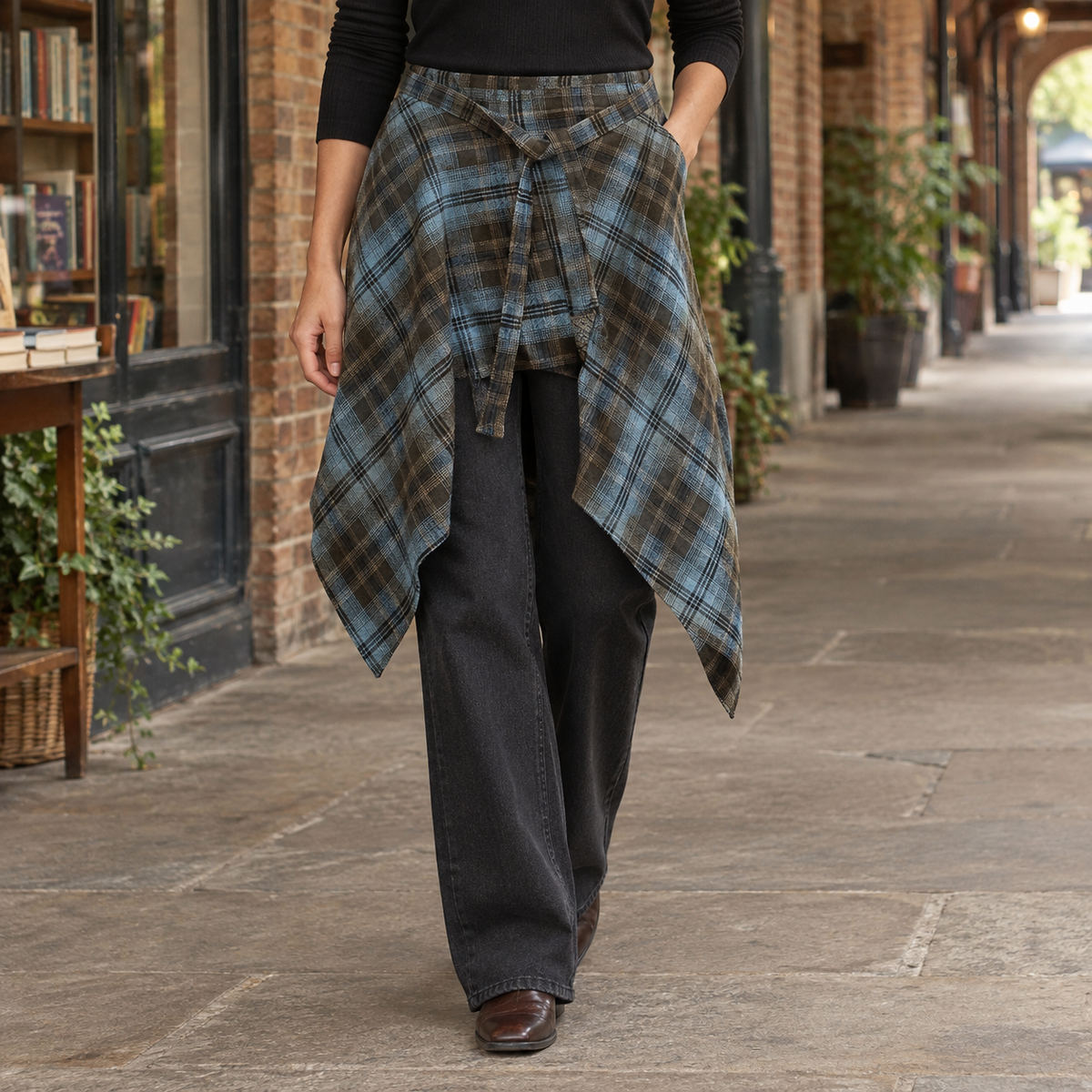 Cleo-Eve Wrap Skirt - Blue Brown Grid