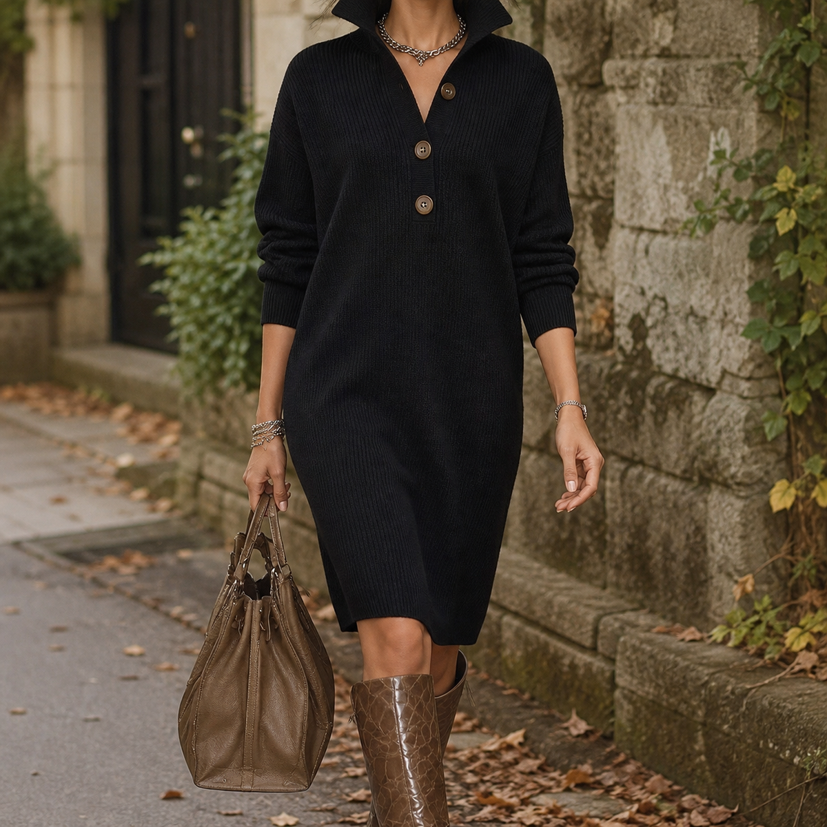 Wendy-Faye Ribbed Knit Dress - Black