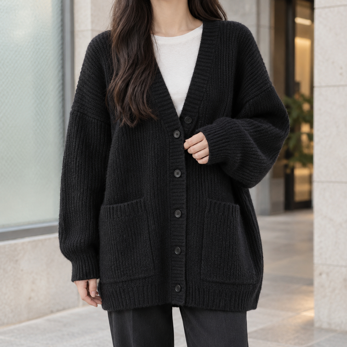 Thalia-Grace Ribbed Cardigan - Black