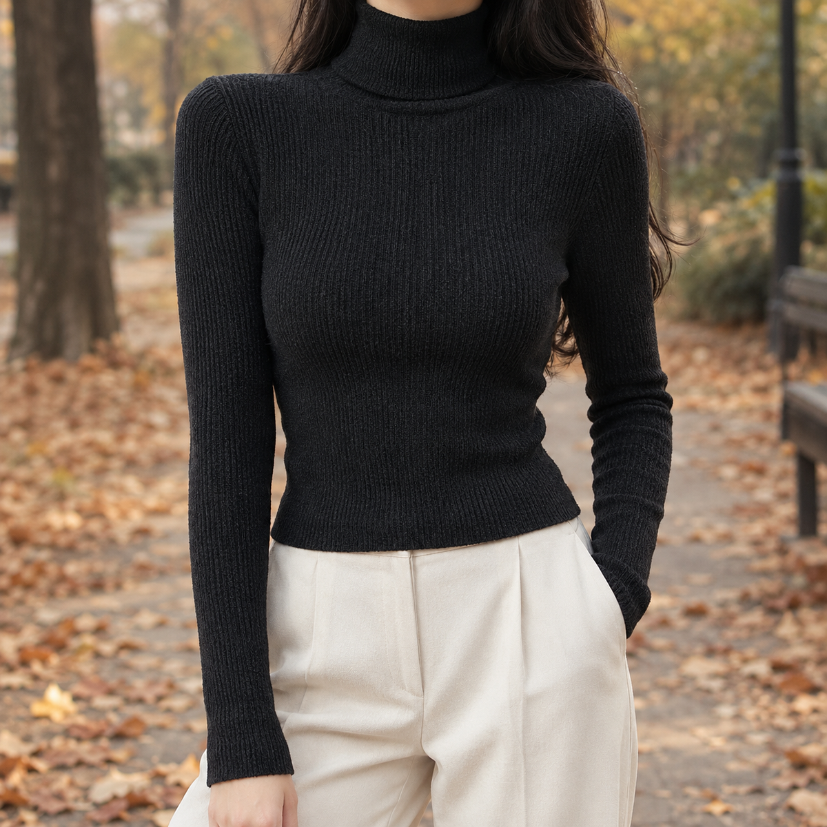 Kelsey-Jane Ribbed Turtleneck Top - Black