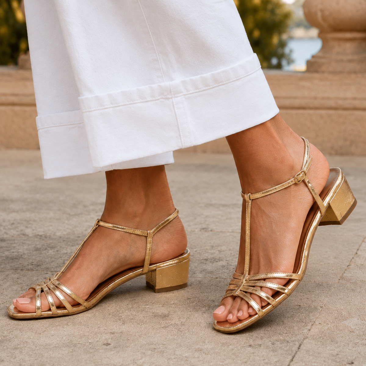 Marinelli T-Strap Sandals - Gold