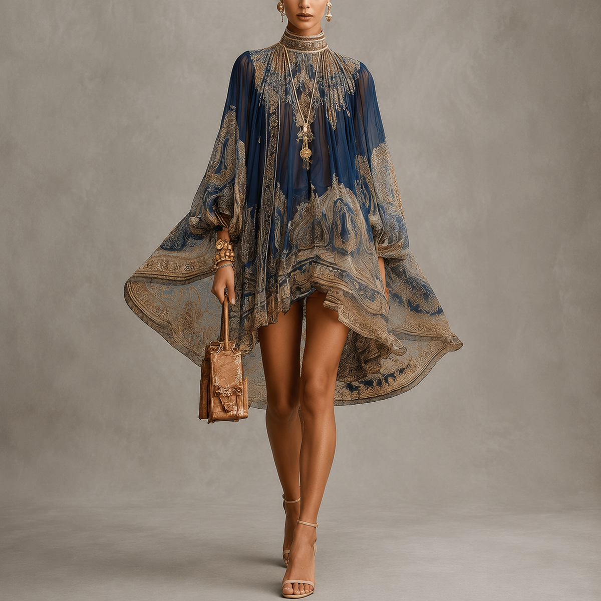 Celine Baroque Mini Dress - Navy And Gold