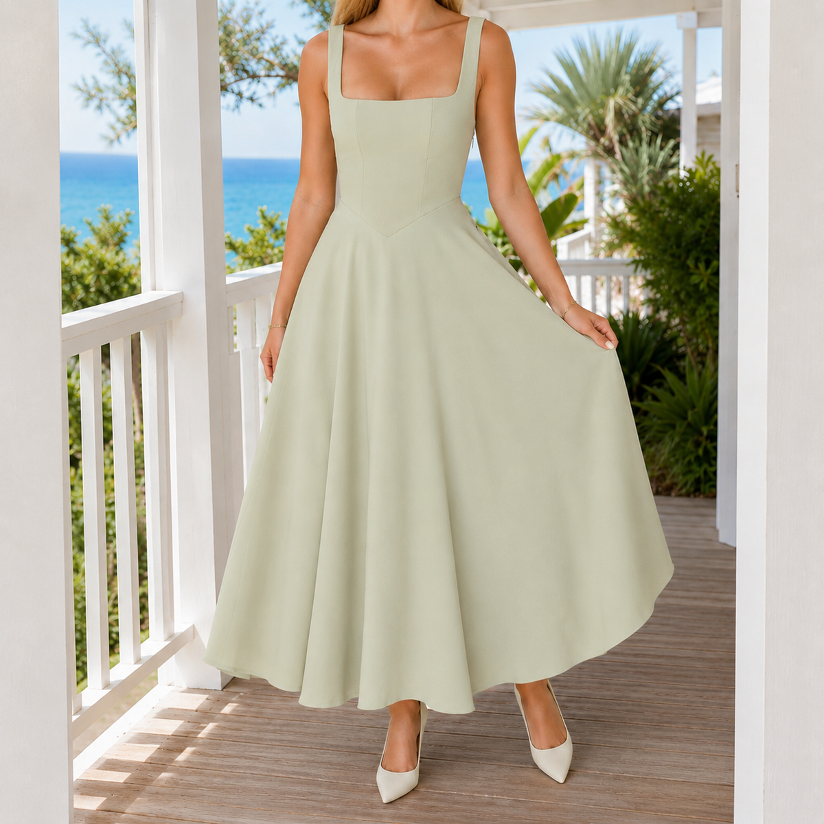 Yvette Square Neck Dress - Salvia