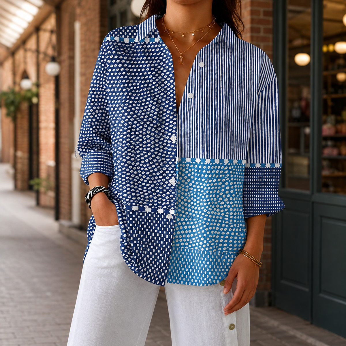 Liora Patchwork Blouse - Blue Patchwork