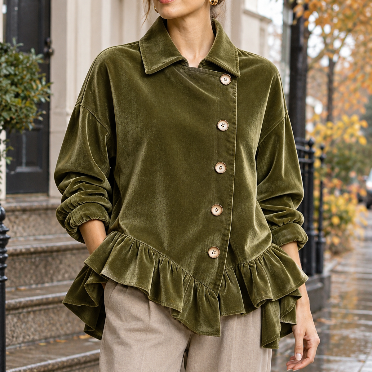 Lily-Kate Velvet Peplum Jacket - Green