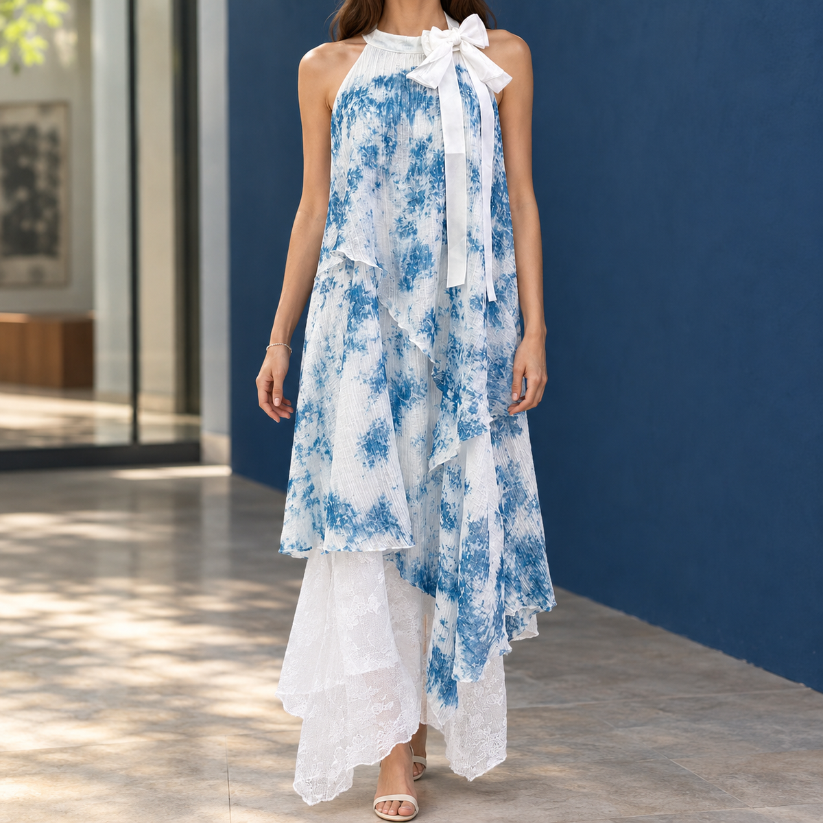Allegra Asymmetric Halter Dress - Blue and White