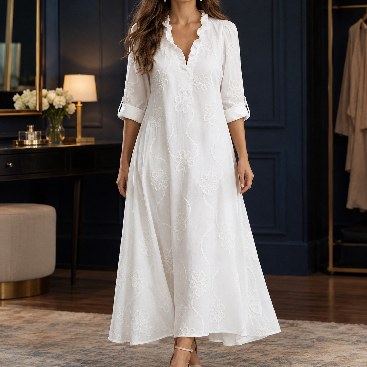 Dahlia-Sage Embroidered Maxi Dress - White