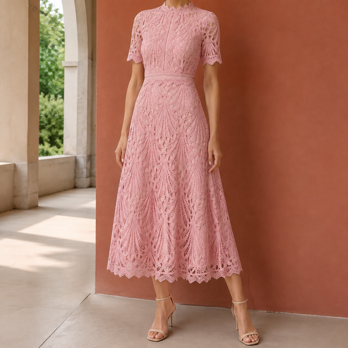 Colette Lace Midi Dress - Pink
