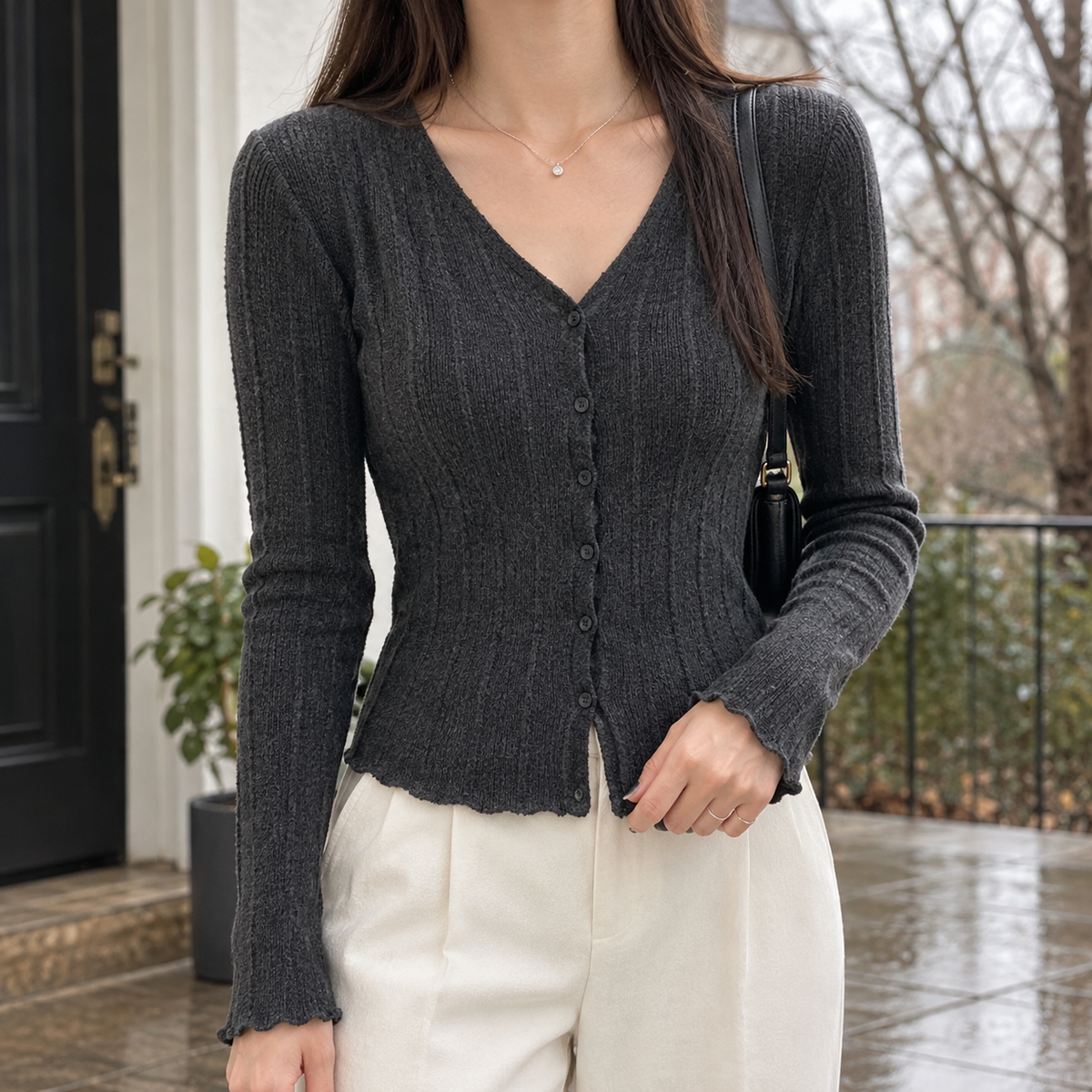 Elle-Pearl Ribbed Cardigan - Gray