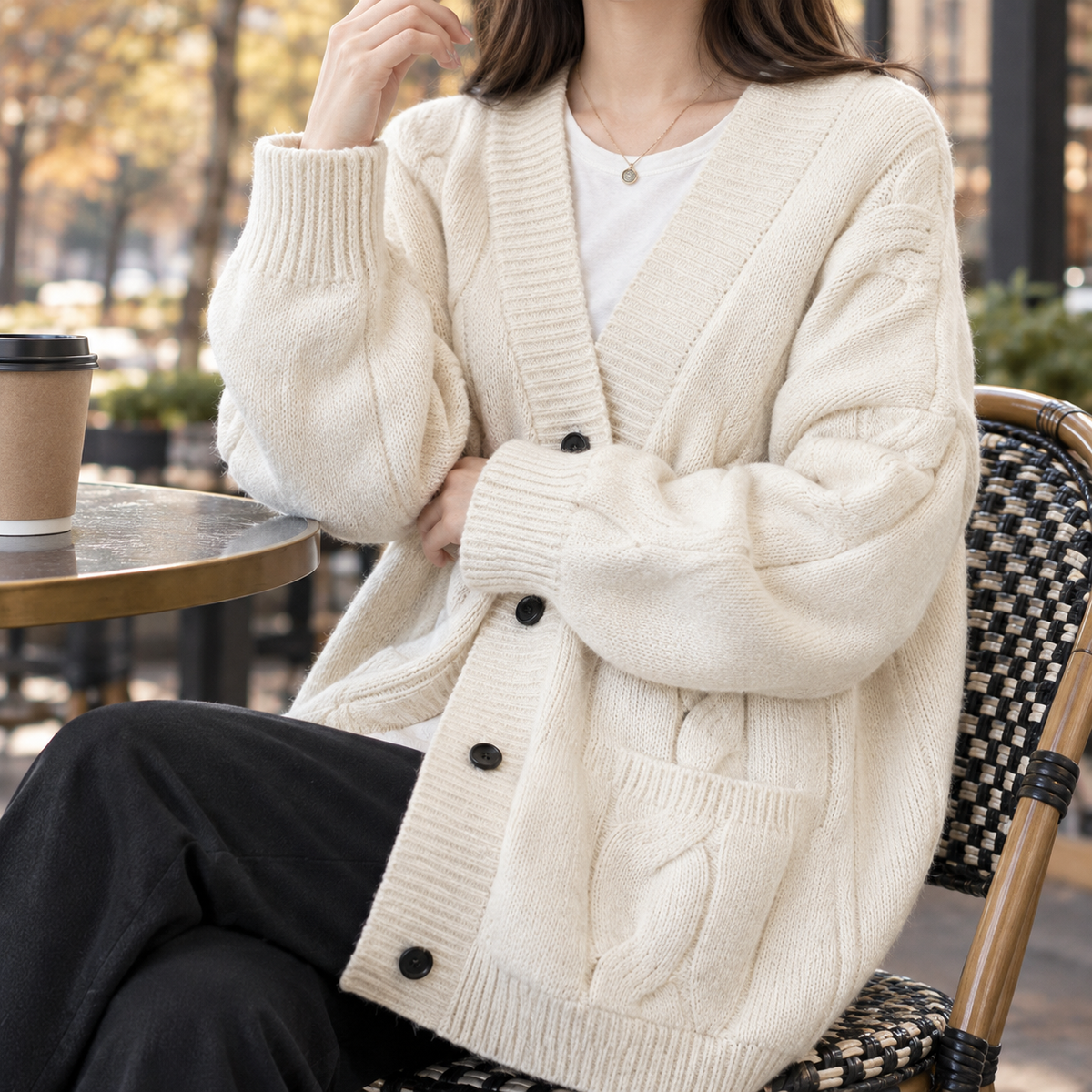 Jacinta-Pearl Cable Knit Cardigan - Off White