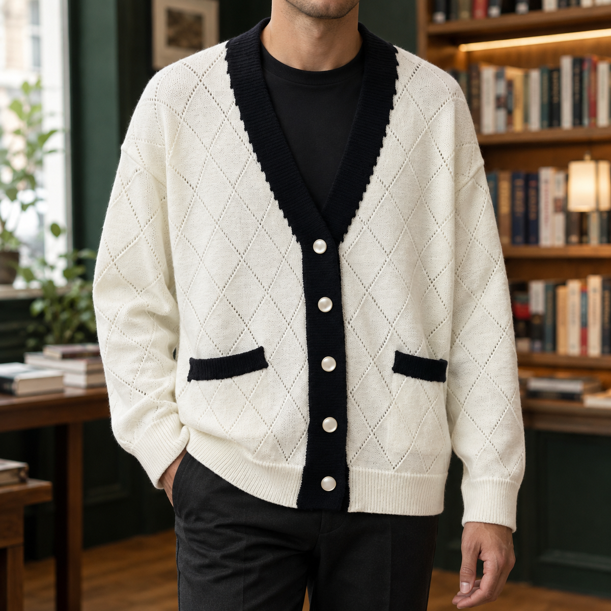 Ethan Contrast Cardigan - White
