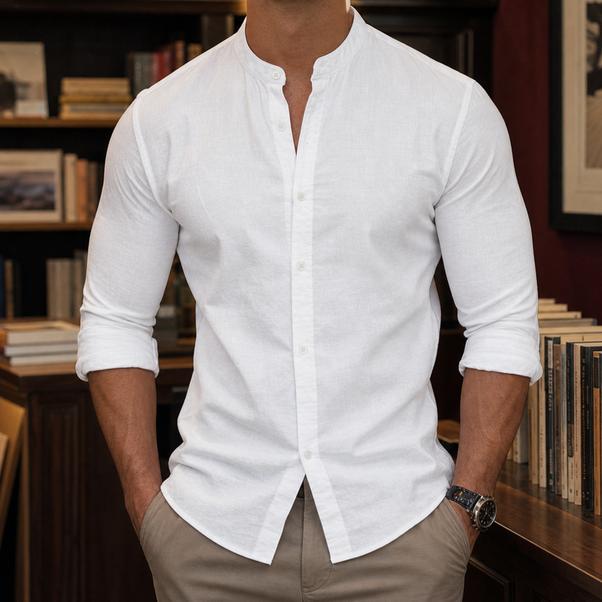 Cooper Band Collar Shirt - White