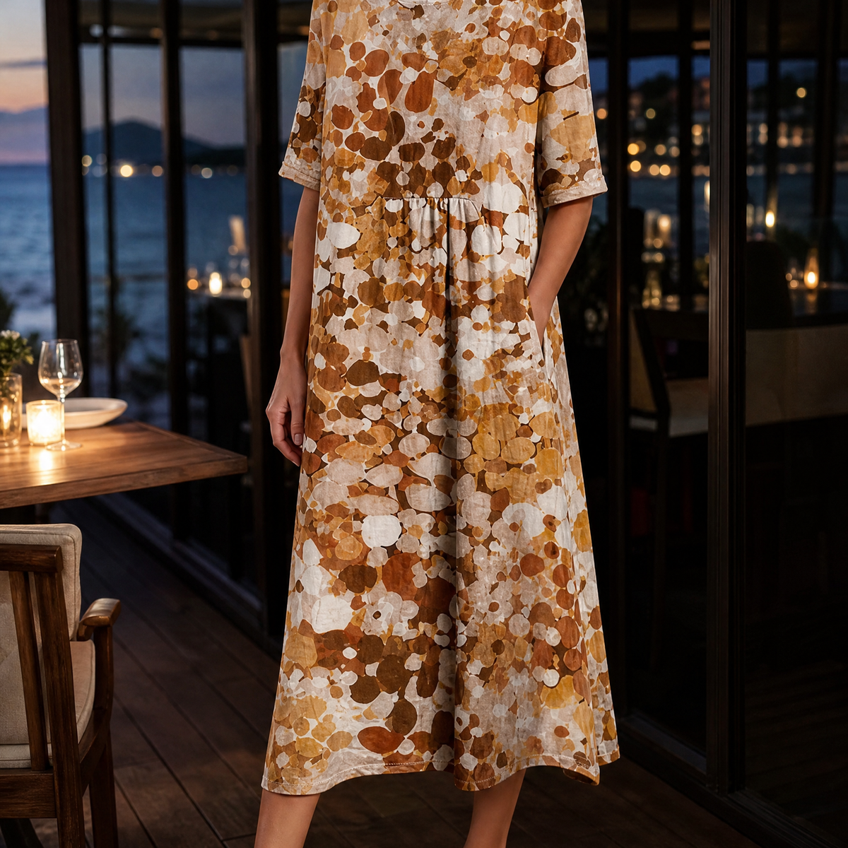Blair-Pearl Gathered Midi Dress - Brown