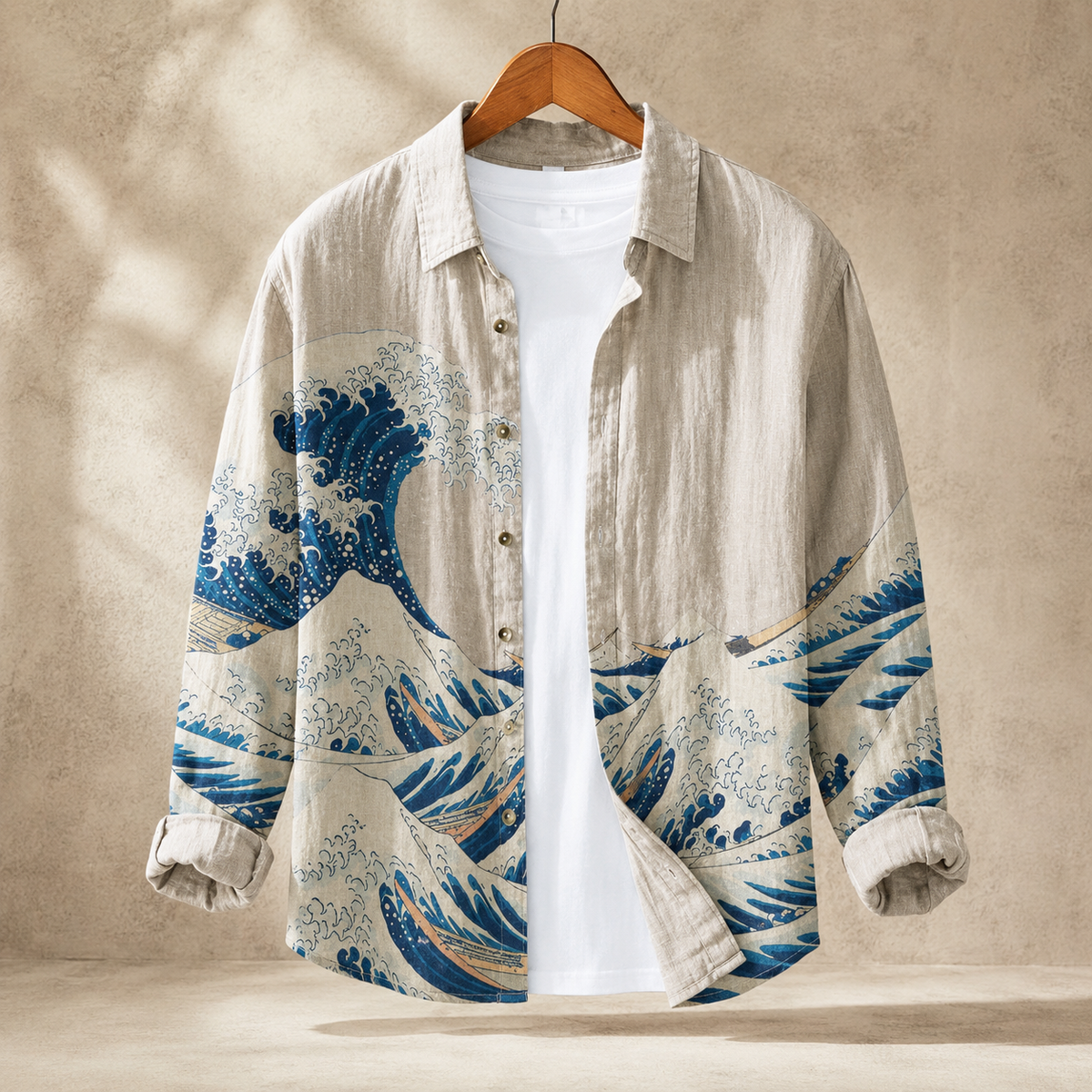 Wyatt Printed Shirt - Beige Great Wave