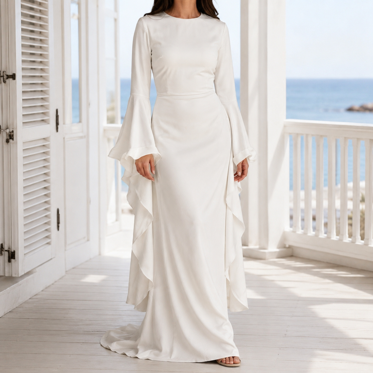 Mireille Waterfall Sleeve Dress - White