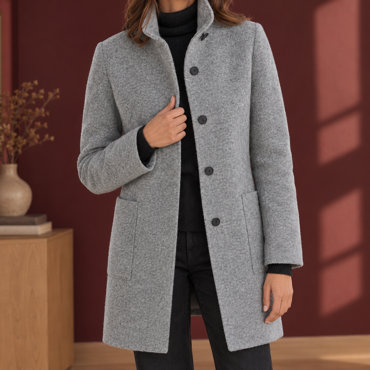 Ashley-Skye Stand Collar Coat - Light Gray