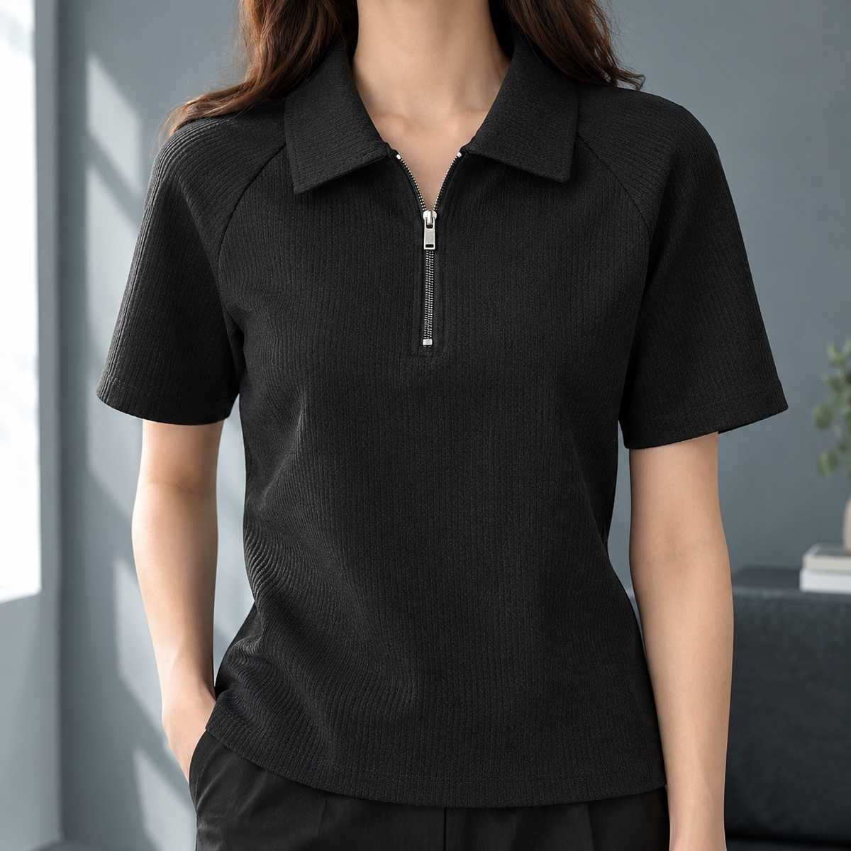 Boniface-Scott Ribbed Zip Polo - Black