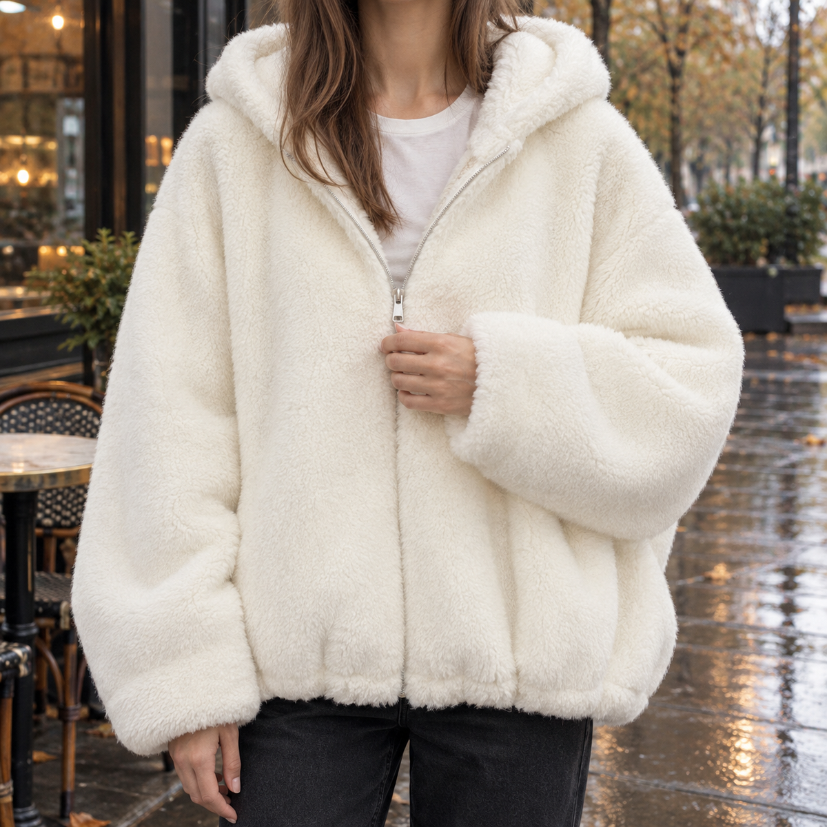 Celine-Pearl Plush Hooded Jacket - White