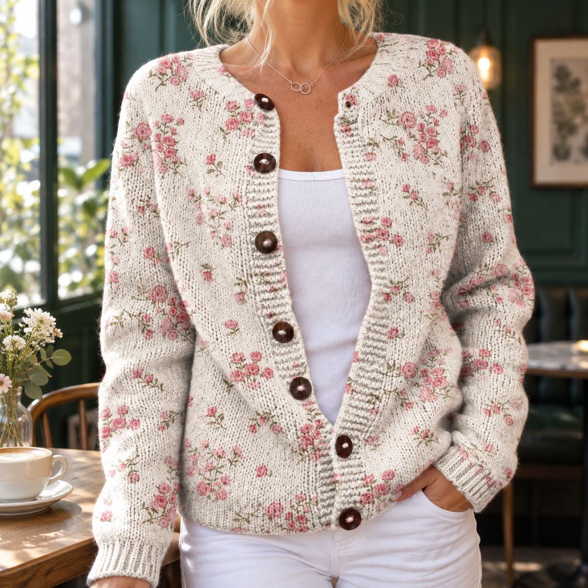 Lavinia-Pearl Floral Cardigan - Ivory Floral