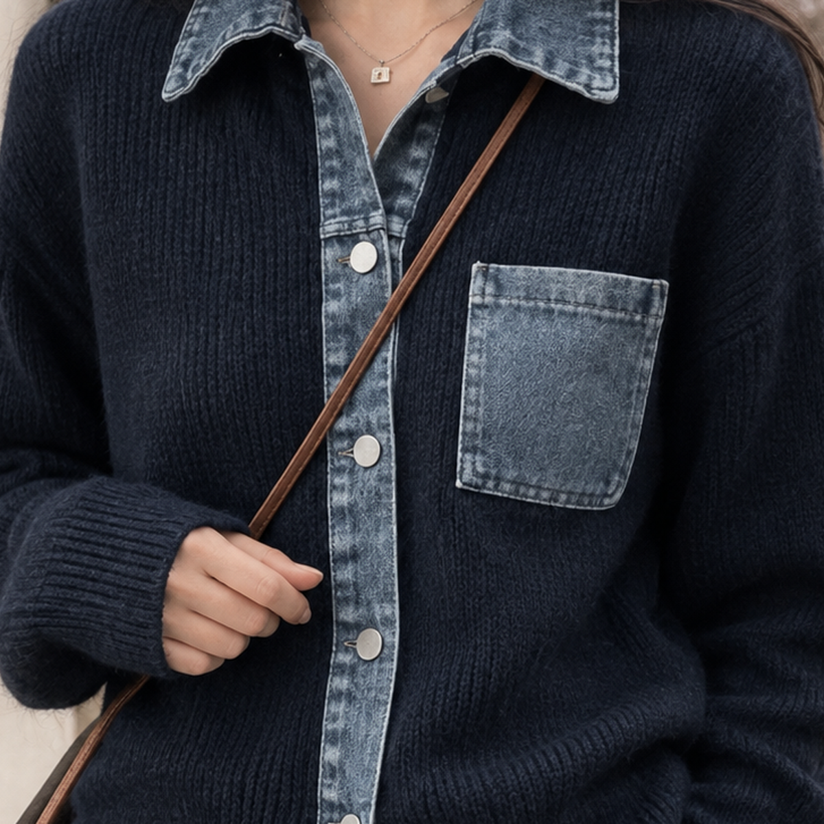 Nadia-Jane Denim Trim Cardigan - Lead Product Detail