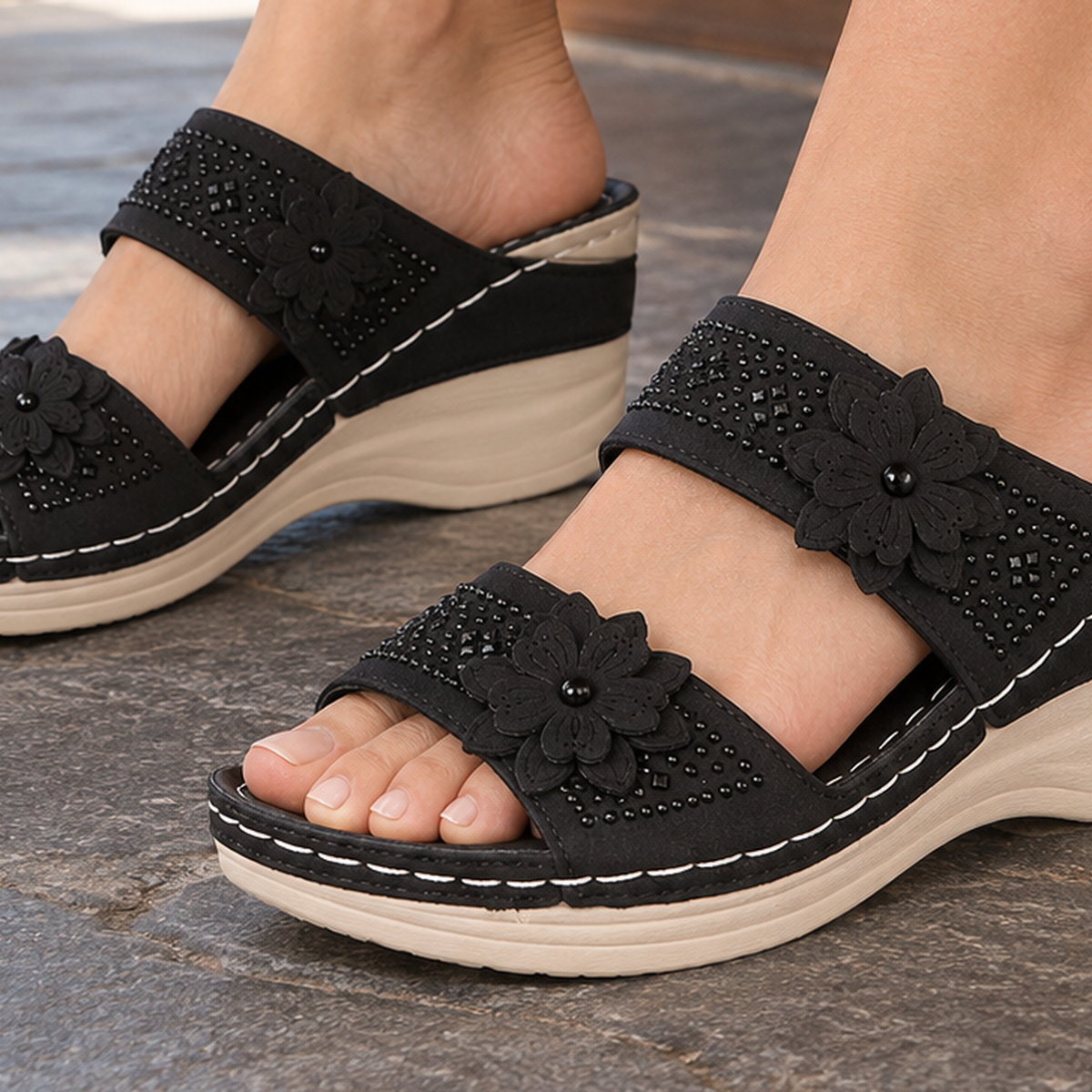 Varese Floral Wedge Sandals - Lead Product Detail