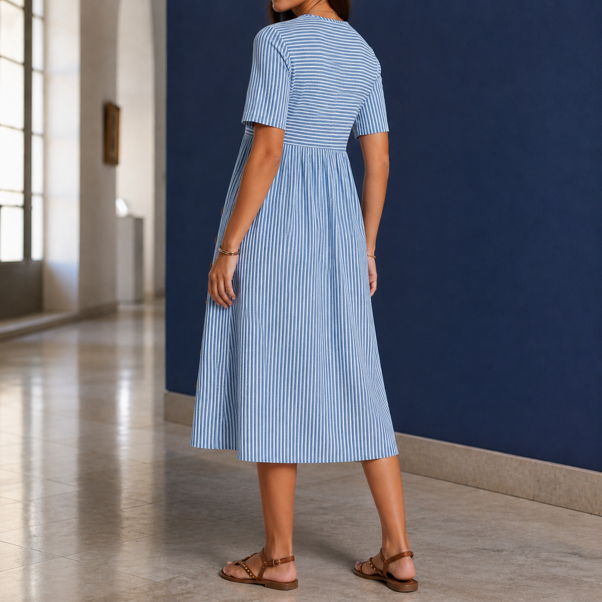 Maeve Pinstripe Midi Dress - Lead Alternate View