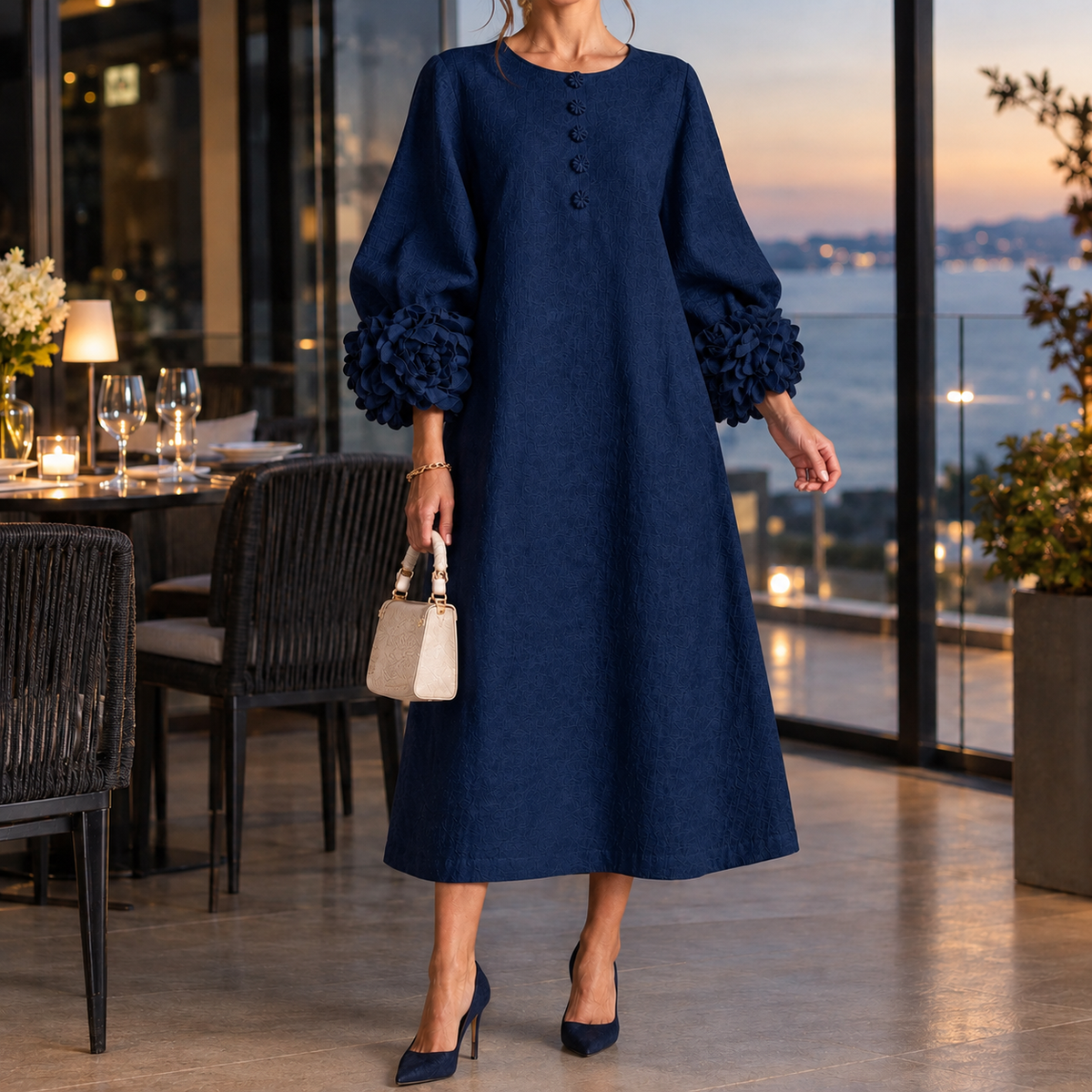 Estella-Eve Floral Cuff Dress - Navy Blue