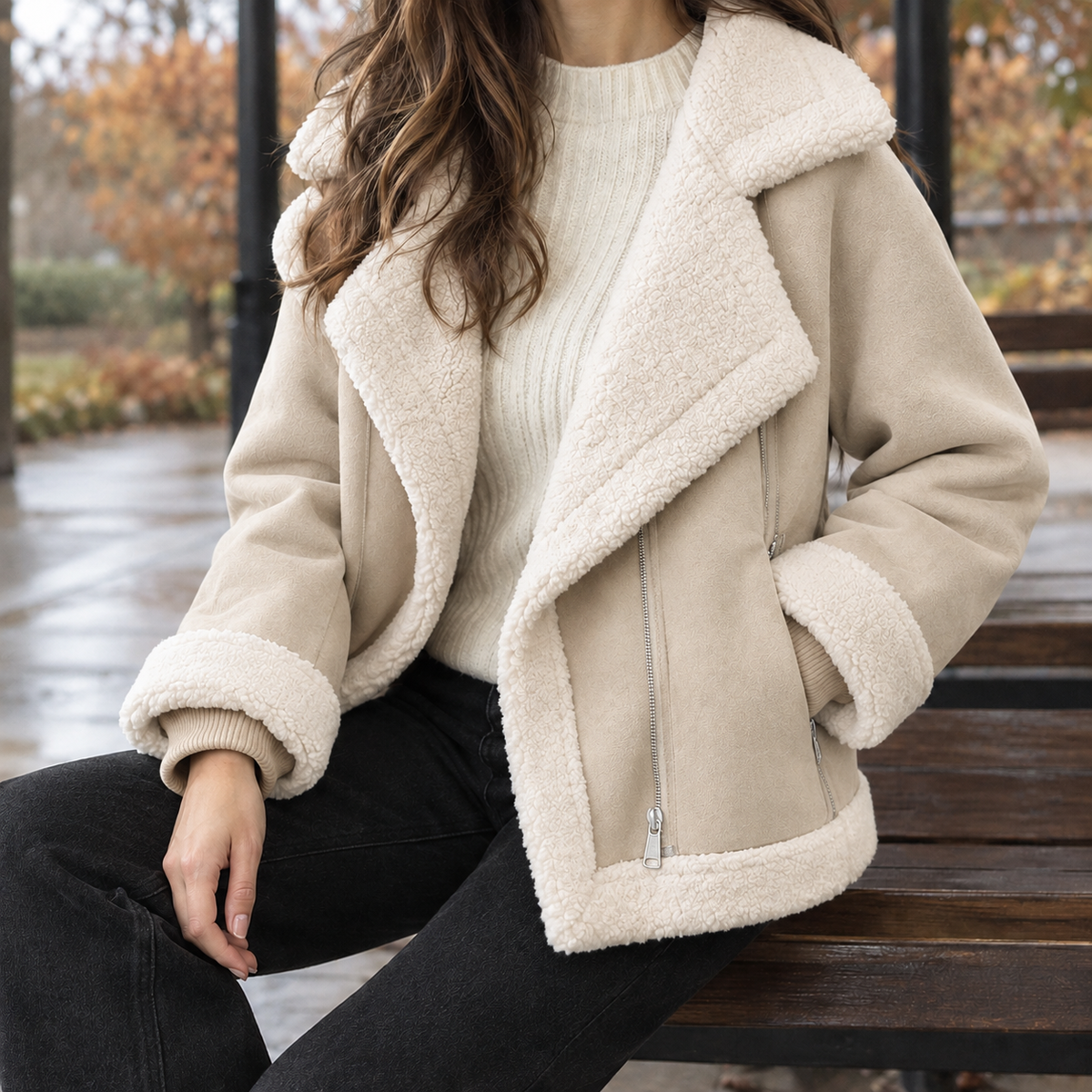 Lisandra-Pearl Shearling Biker Jacket - Light Beige