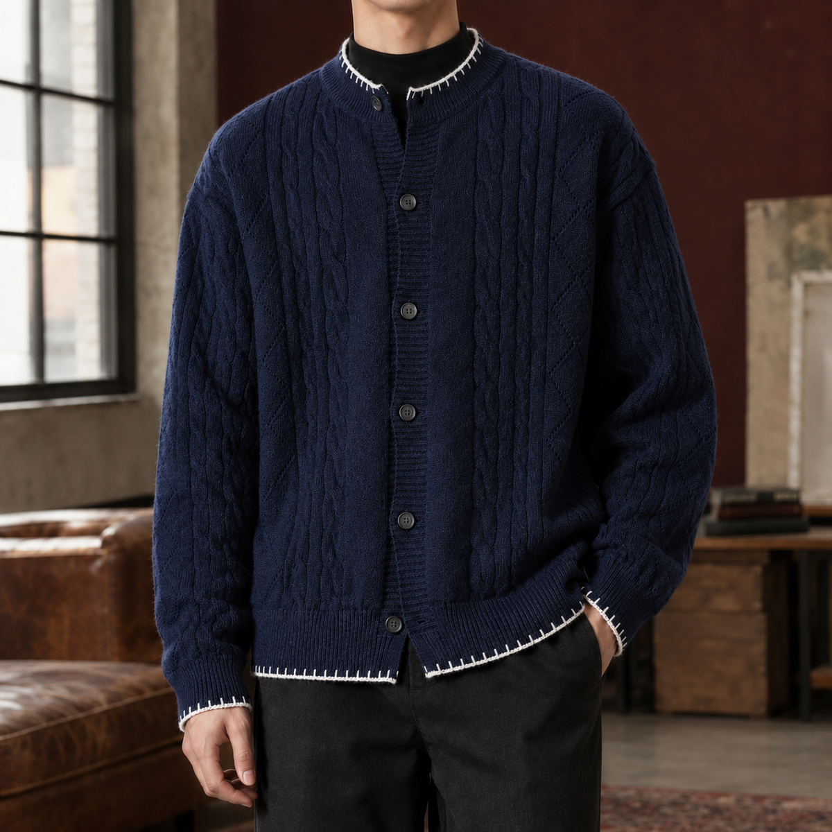 Frederick Cable Cardigan - Navy Blue